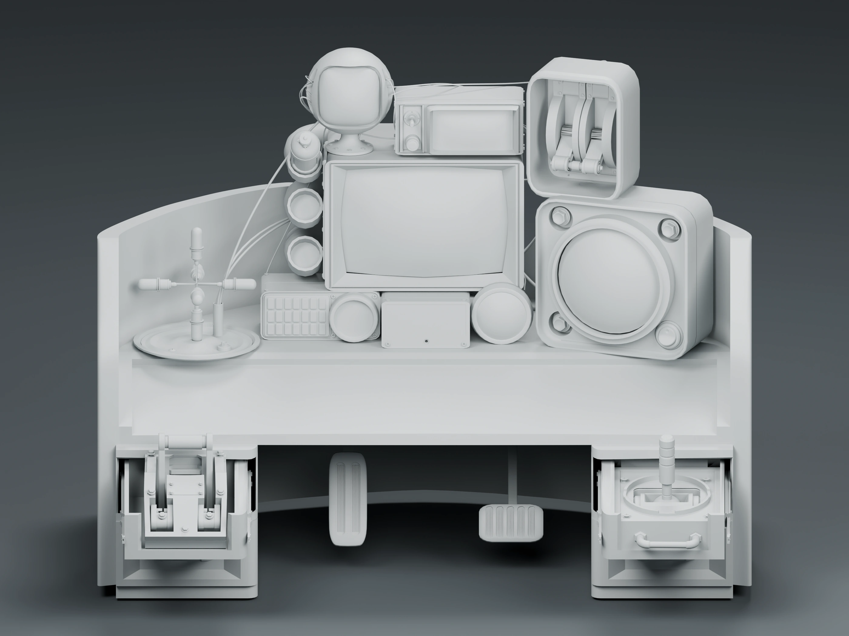 Complete console · Central equipment stack, side controls and lower operating mechanisms.