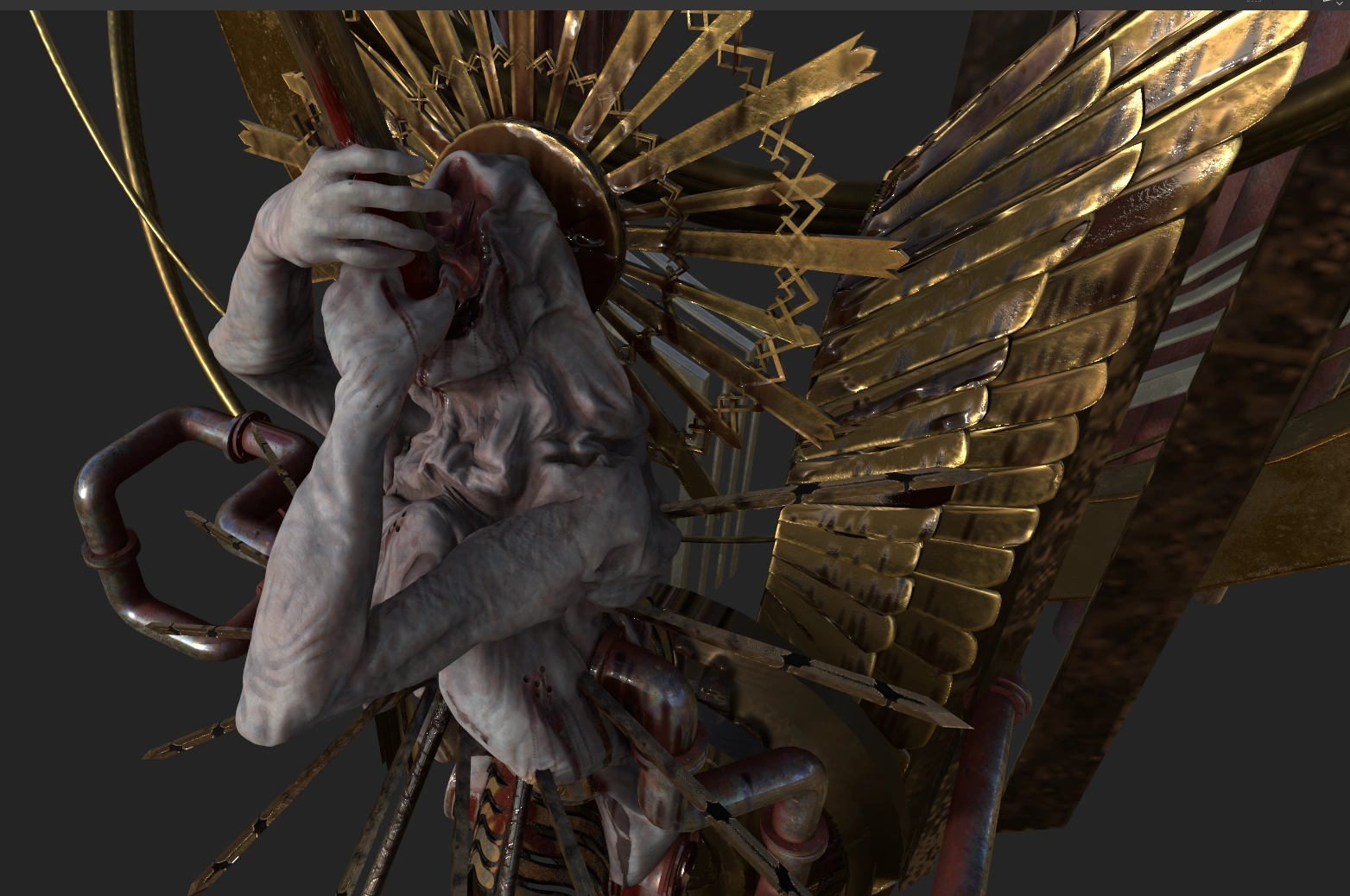 Sculpted figure and layered metalwork.